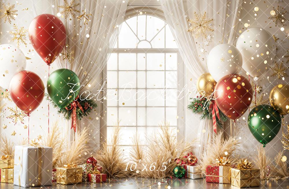 Kate Christmas Balloons Window Gifts Fleece Backdrop Designed by Emetselch - Image 2