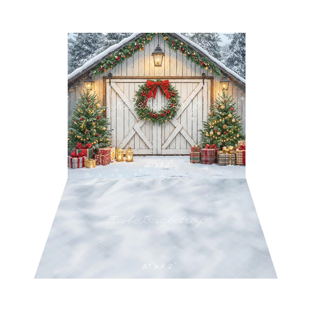 Kate Christmas Barn Cabin Wreath Trees Backdrop+Snowy Texture Floor Backdrop - Image 2
