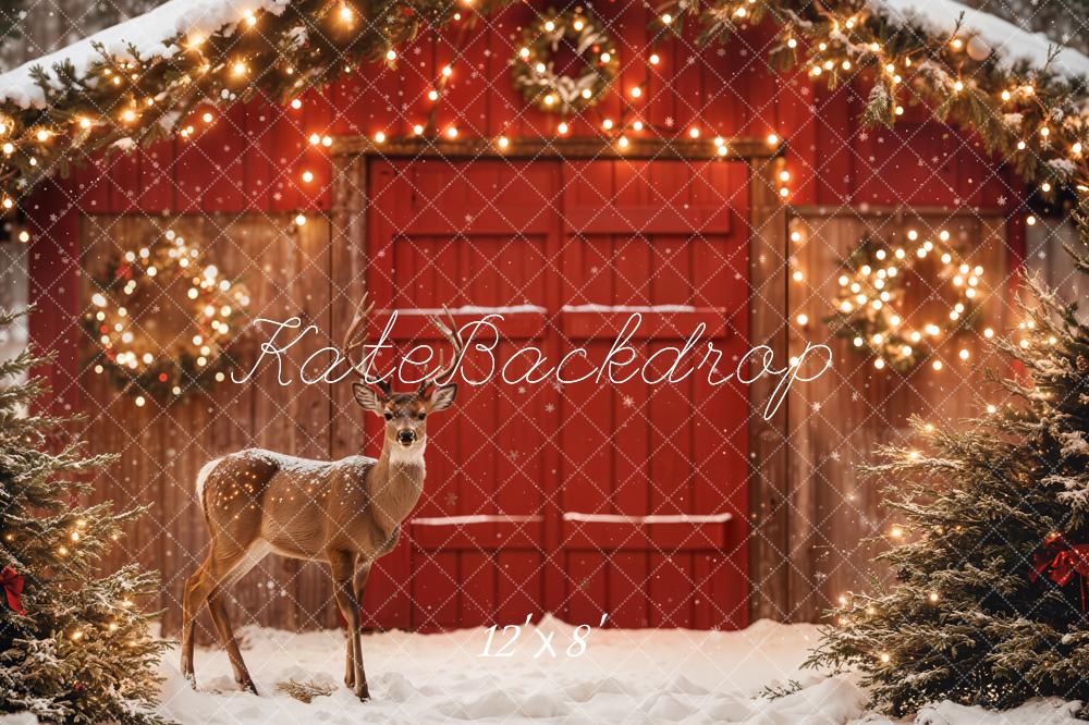 Kate Christmas Barn Deer Fairy Lights Fleece Backdrop Designed by Emetselch - Image 4