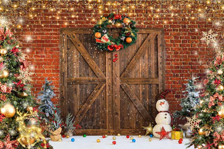 Kate Christmas Barn Door Brick Snowman Backdrop for Photography - Image 2