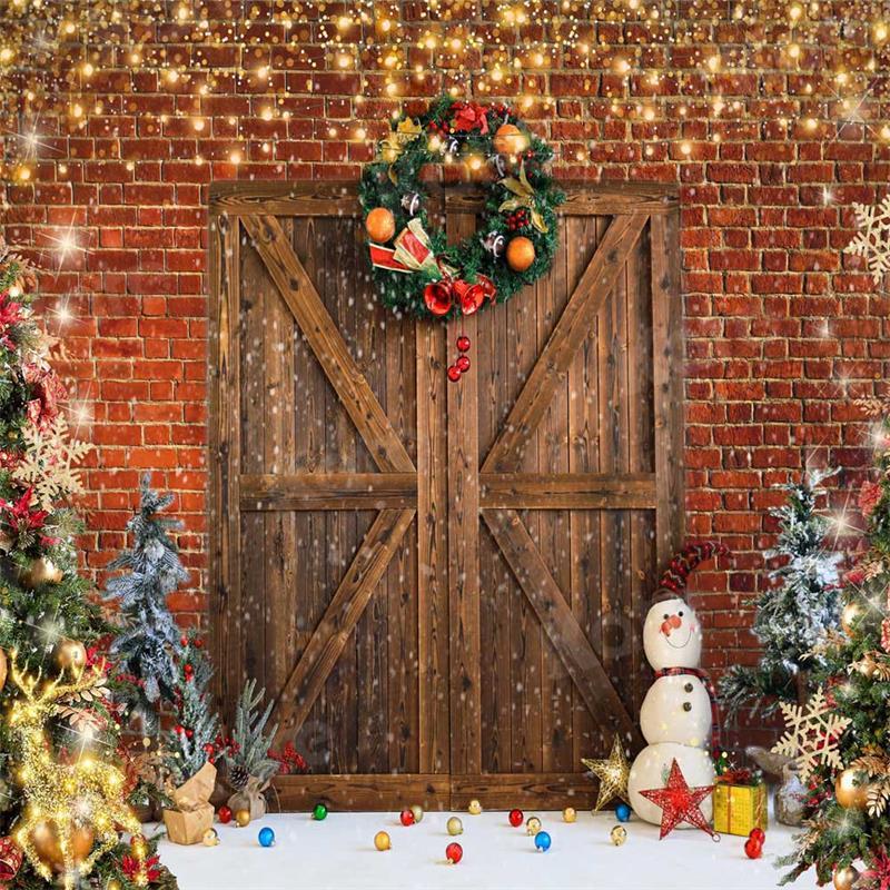 Kate Christmas Barn Door Brick Snowman Backdrop for Photography - Image 5