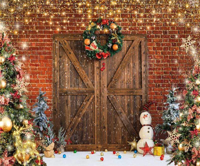 Kate Christmas Barn Door Brick Snowman Backdrop for Photography - Image 6