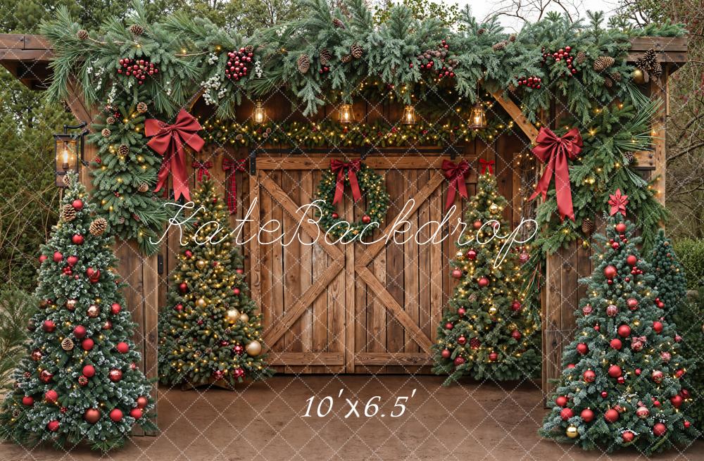 Kate Christmas Barn Door Garland Red Bows Fleece Backdrop Designed by Emetselch - Image 2