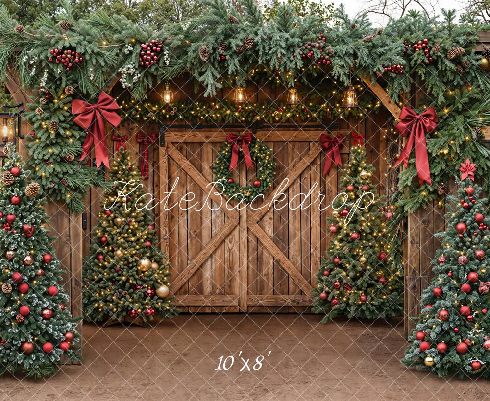 Kate Christmas Barn Door Garland Red Bows Fleece Backdrop Designed by Emetselch - Image 3