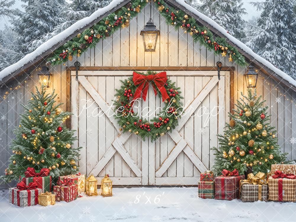 Kate Christmas Barn Door Garland Trees Presents Backdrop Designed by Emetselch - Image 3