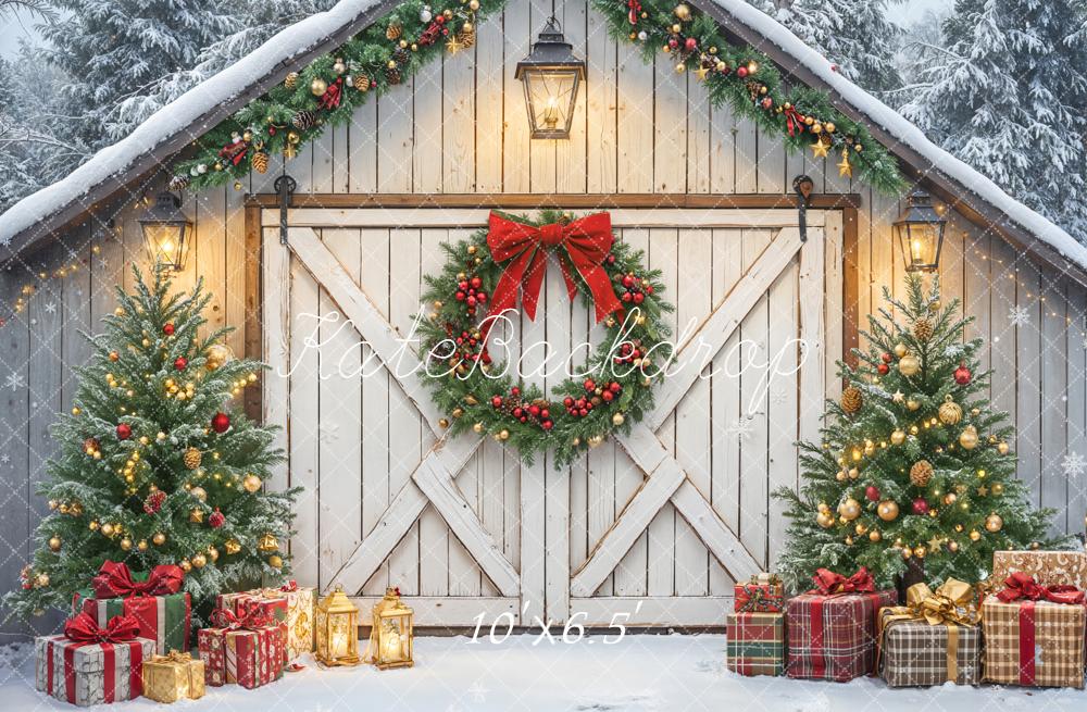 Kate Christmas Barn Door Garland Trees Presents Backdrop Designed by Emetselch - Image 4