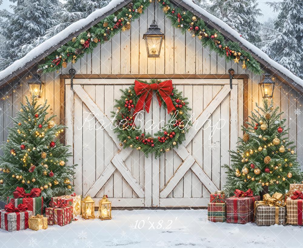 Kate Christmas Barn Door Garland Trees Presents Backdrop Designed by Emetselch - Image 6