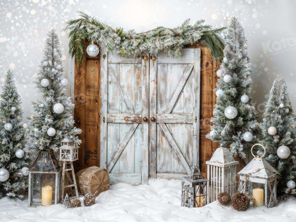 Kate Christmas Barn Door Tree Snow Backdrop Designed by Emetselch - Image 5