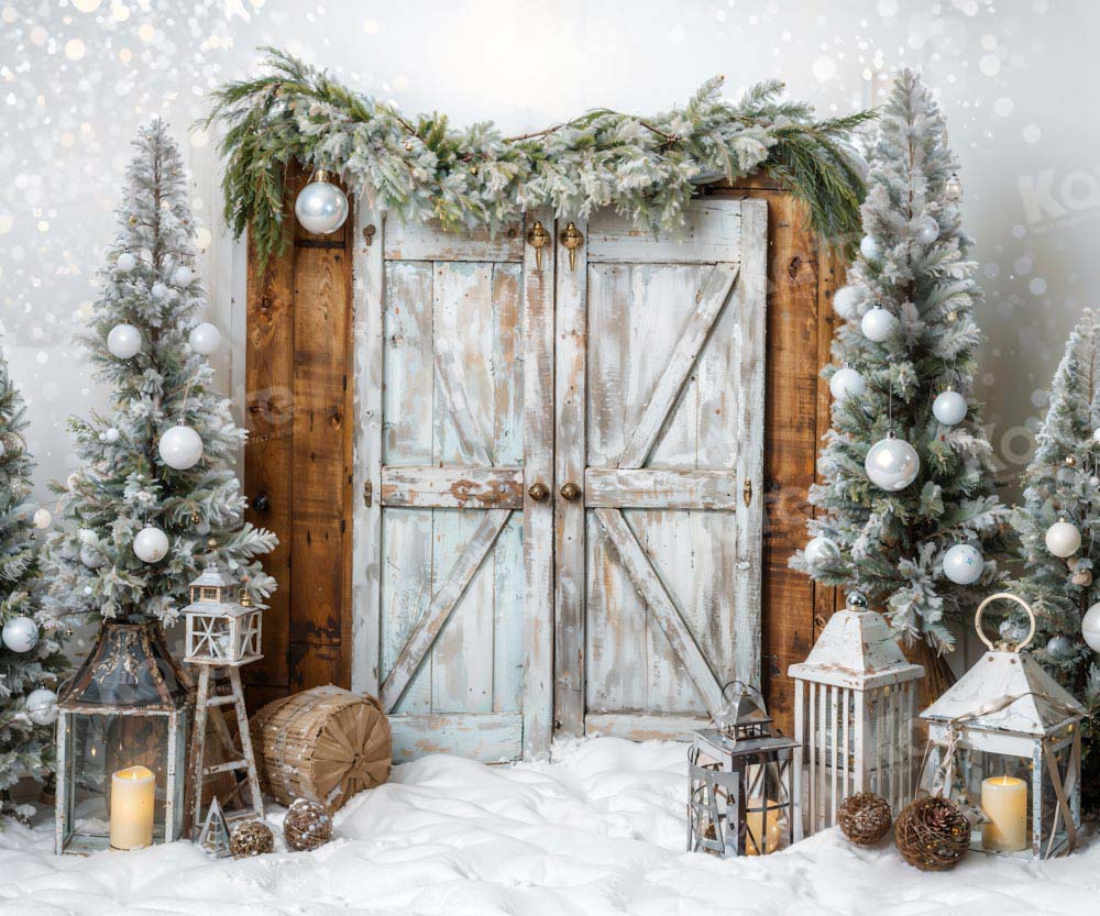 Kate Christmas Barn Door Tree Snow Backdrop Designed by Emetselch - Image 6