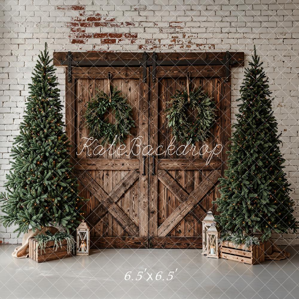 Kate Christmas Barn Door Wreath Trees Rustic Backdrop Designed by Emetselch - Image 2