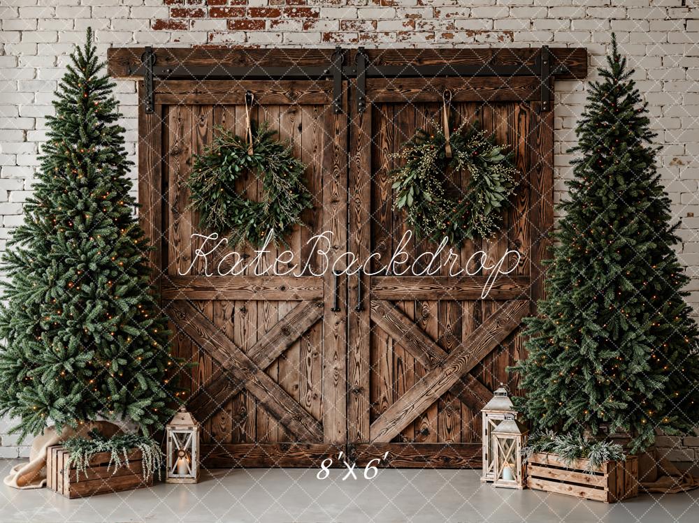 Kate Christmas Barn Door Wreath Trees Rustic Backdrop Designed by Emetselch - Image 3