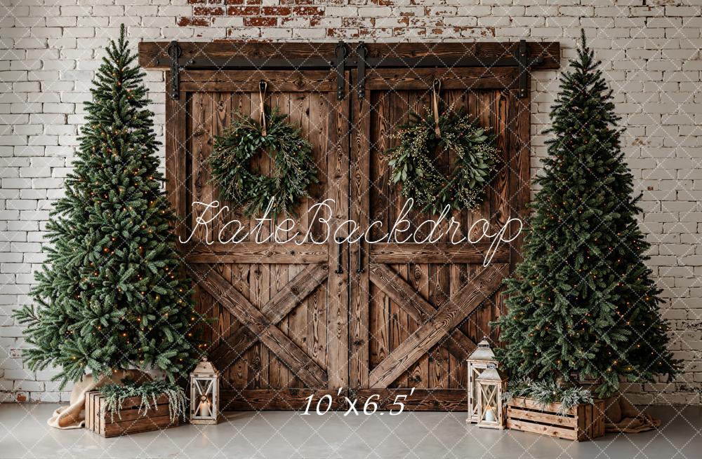 Kate Christmas Barn Door Wreath Trees Rustic Backdrop Designed by Emetselch - Image 4
