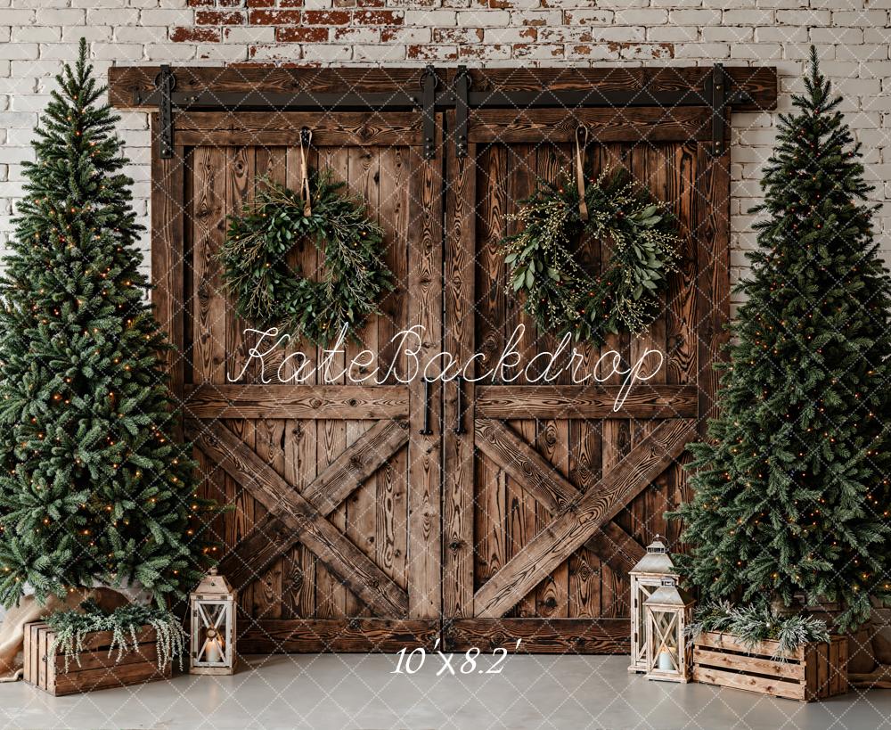 Kate Christmas Barn Door Wreath Trees Rustic Backdrop Designed by Emetselch - Image 6