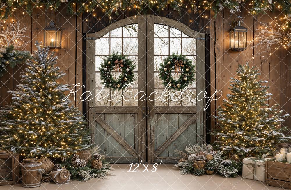 Kate Christmas Barn Door Wreath Trees Fleece Backdrop Designed by Emetselch - Image 4