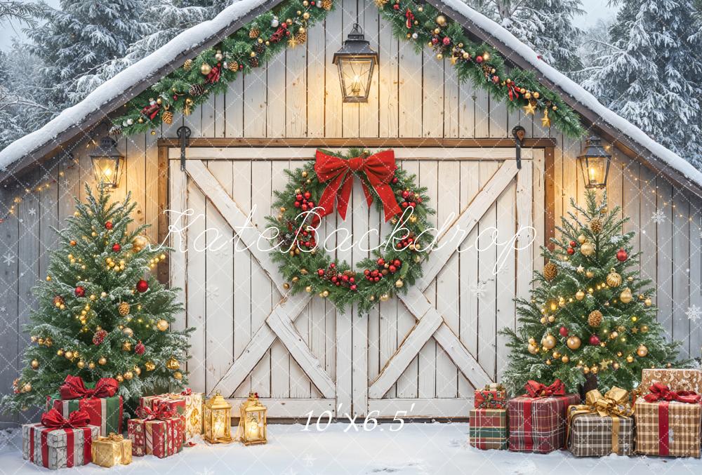 Kate Christmas Barn Door Wreath Trees Fleece Backdrop Designed by Emetselch - Image 2