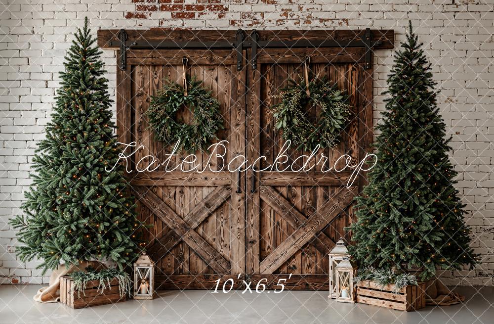 Kate Christmas Barn Door Wreath Trees Fleece Backdrop Designed by Emetselch - Image 2