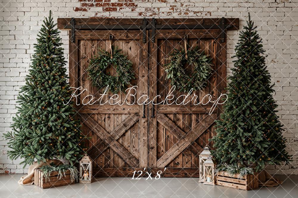 Kate Christmas Barn Door Wreath Trees Fleece Backdrop Designed by Emetselch - Image 4