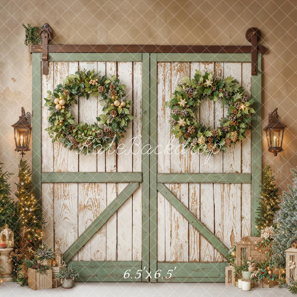 Kate Christmas Barn Door Wreaths Trees Backdrop Designed by Emetselch - Image 2