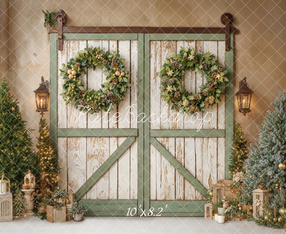 Kate Christmas Barn Door Wreaths Trees Backdrop Designed by Emetselch - Image 5