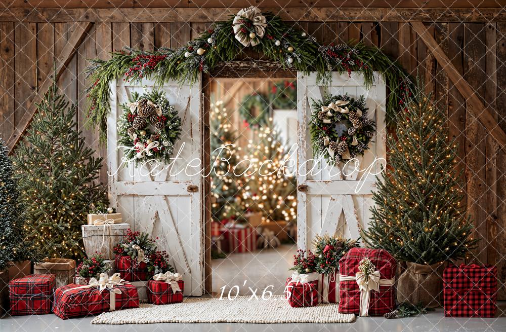Kate Christmas Barn Doors Wreath Trees Fleece Backdrop Designed by Emetselch - Image 2