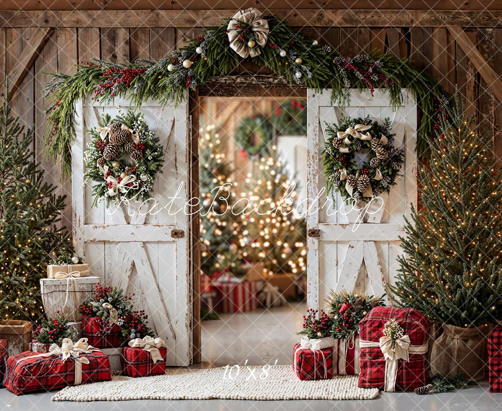 Kate Christmas Barn Doors Wreath Trees Fleece Backdrop Designed by Emetselch - Image 3