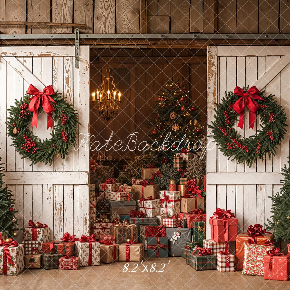 Kate Christmas Barn Door Wreaths Trees Presents Backdrop Designed by Emetselch - Image 5