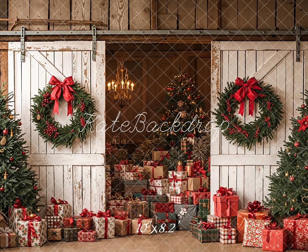 Kate Christmas Barn Door Wreaths Trees Presents Backdrop Designed by Emetselch - Image 6