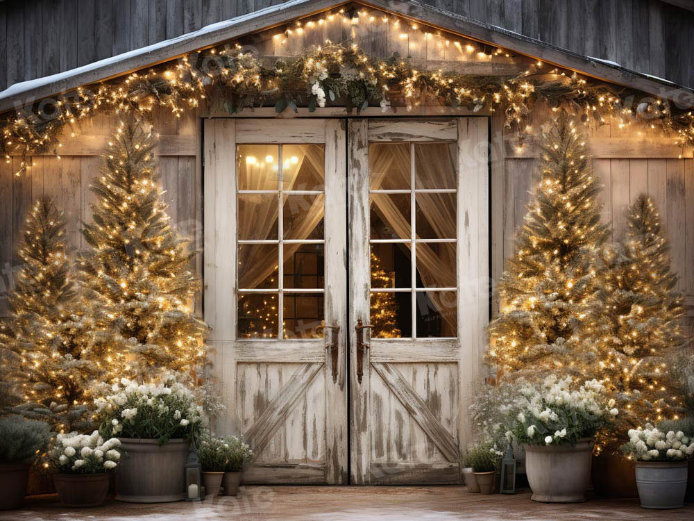 Kate Christmas Barn Lights Tree Fleece Backdrop Designed by Emetselch - Image 2