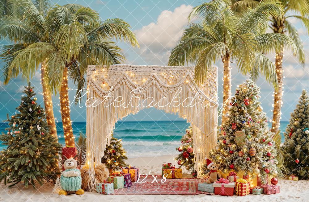 Kate Christmas Beach Palm Trees Ornaments Fleece Backdrop Designed by Emetselch - Image 4