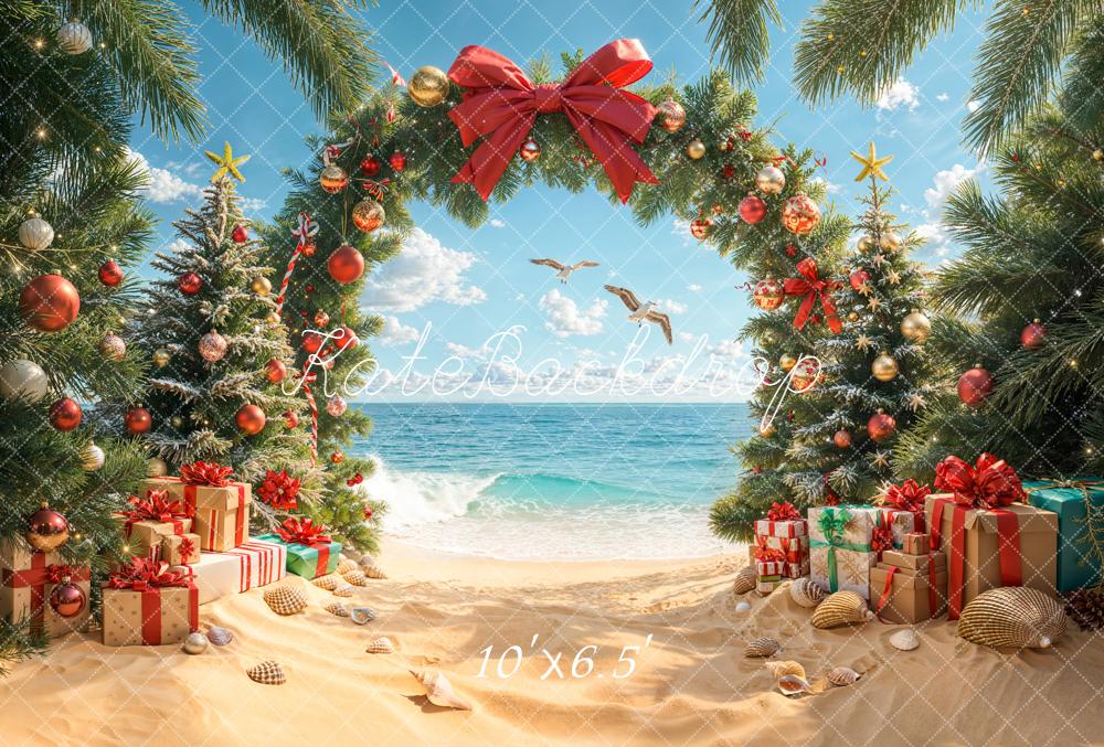 Kate Christmas Beach Trees Presents Fleece Backdrop Designed by Emetselch - Image 2