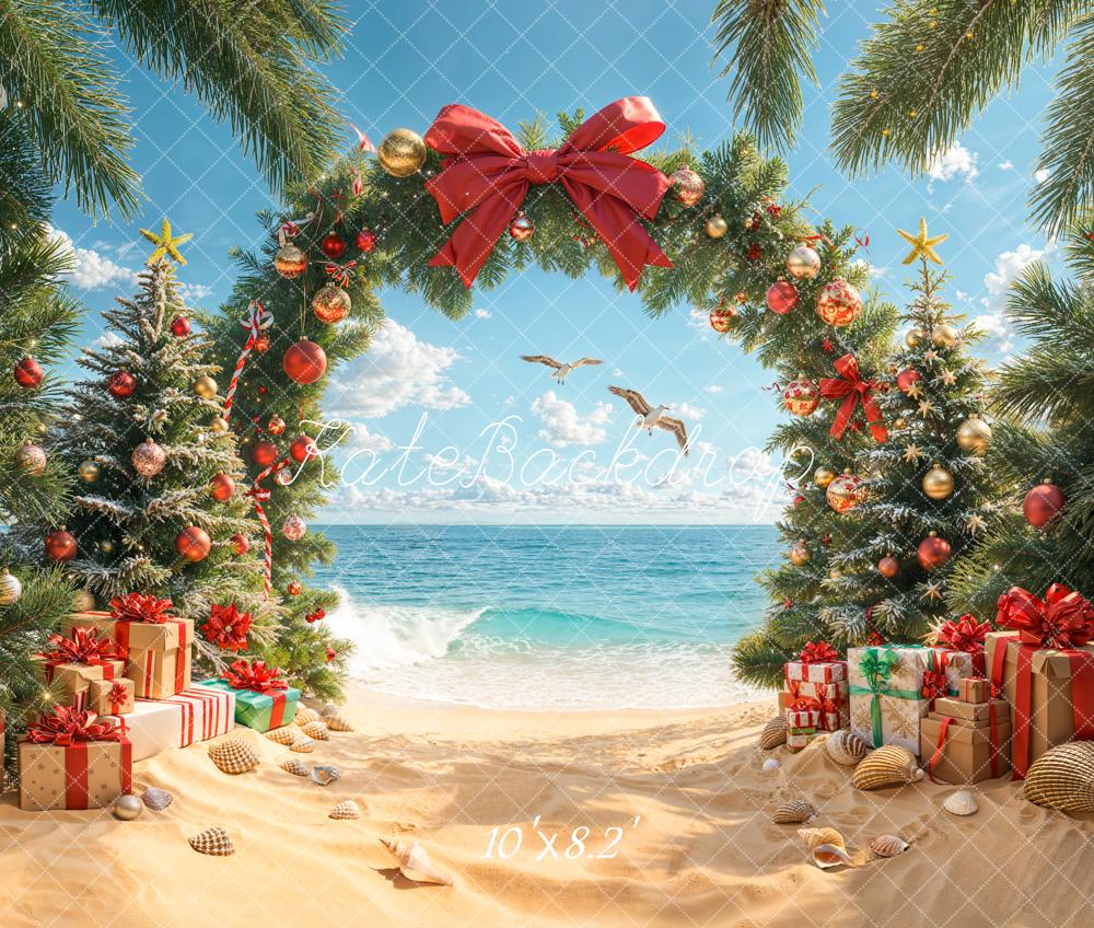 Kate Christmas Beach Trees Presents Fleece Backdrop Designed by Emetselch - Image 3