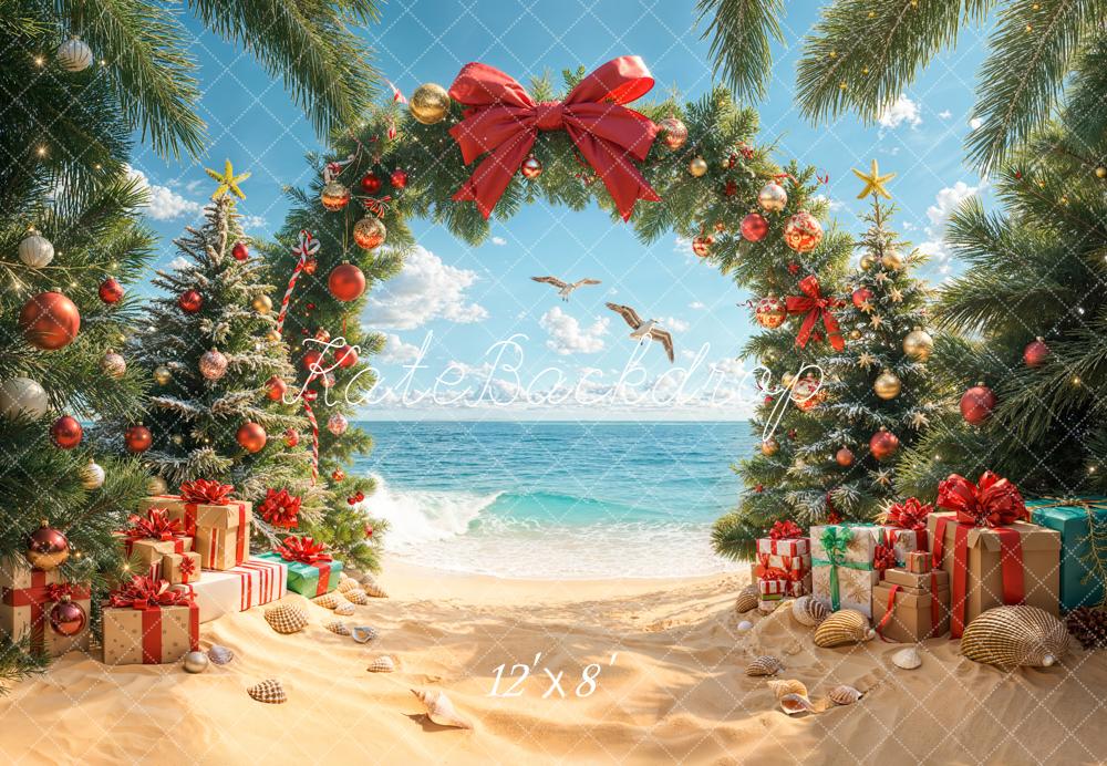 Kate Christmas Beach Trees Presents Fleece Backdrop Designed by Emetselch - Image 4