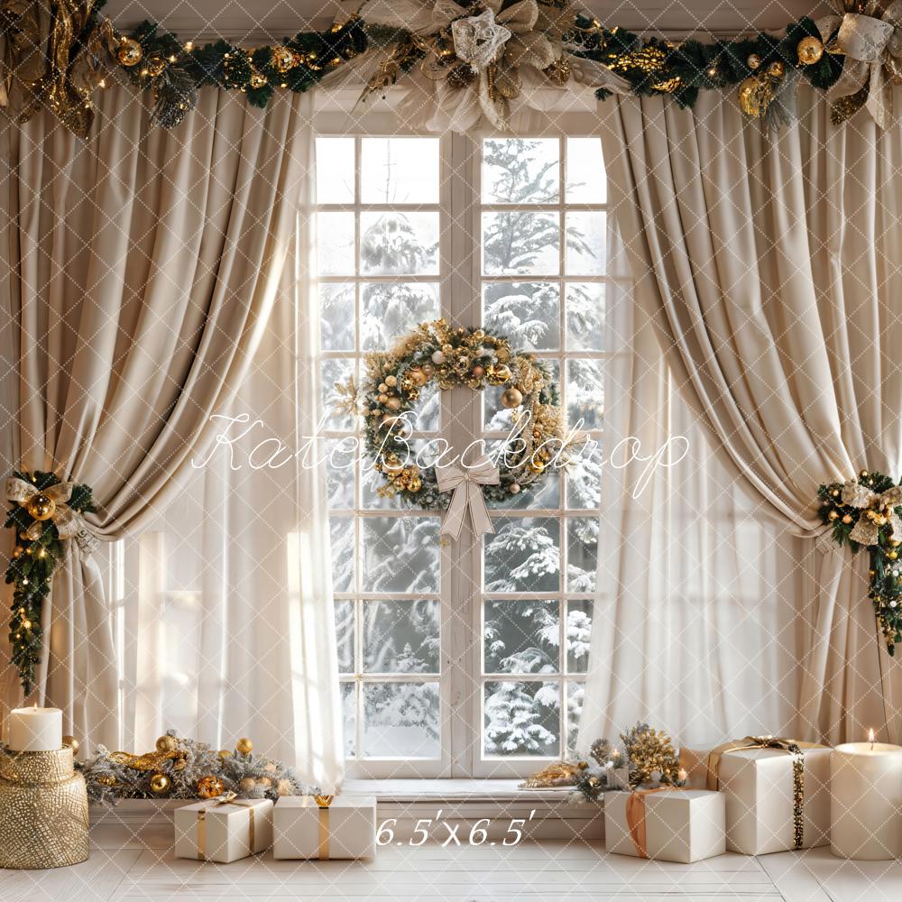 Kate Christmas Beige Curtain White Window Backdrop Designed by Emetselch - Image 2