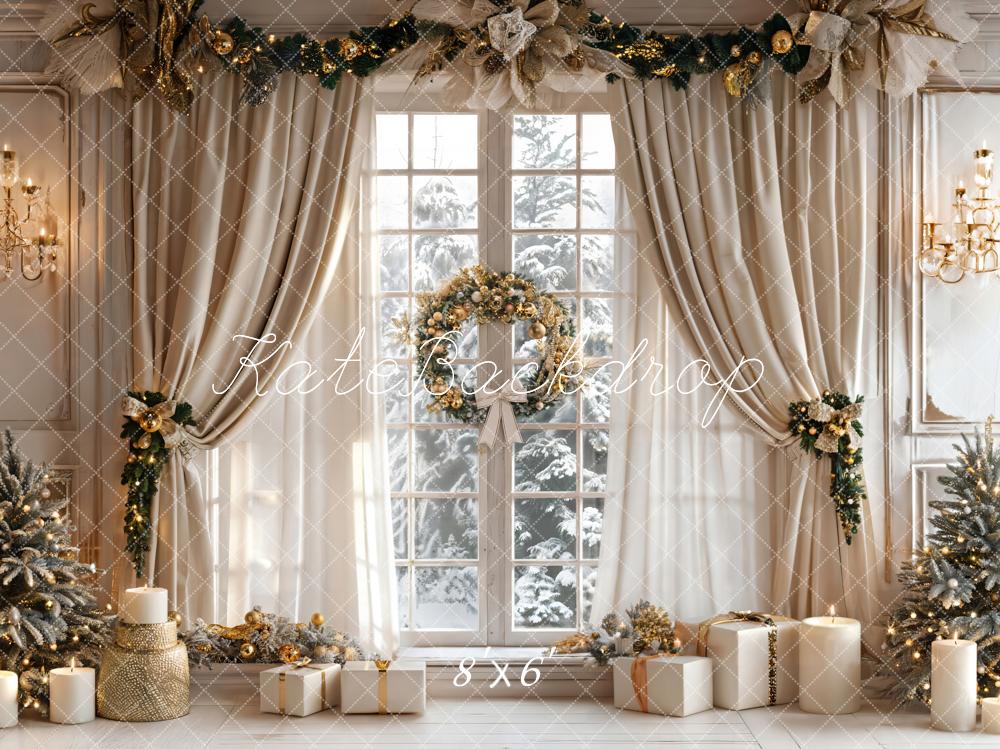 Kate Christmas Beige Curtain White Window Backdrop Designed by Emetselch - Image 3