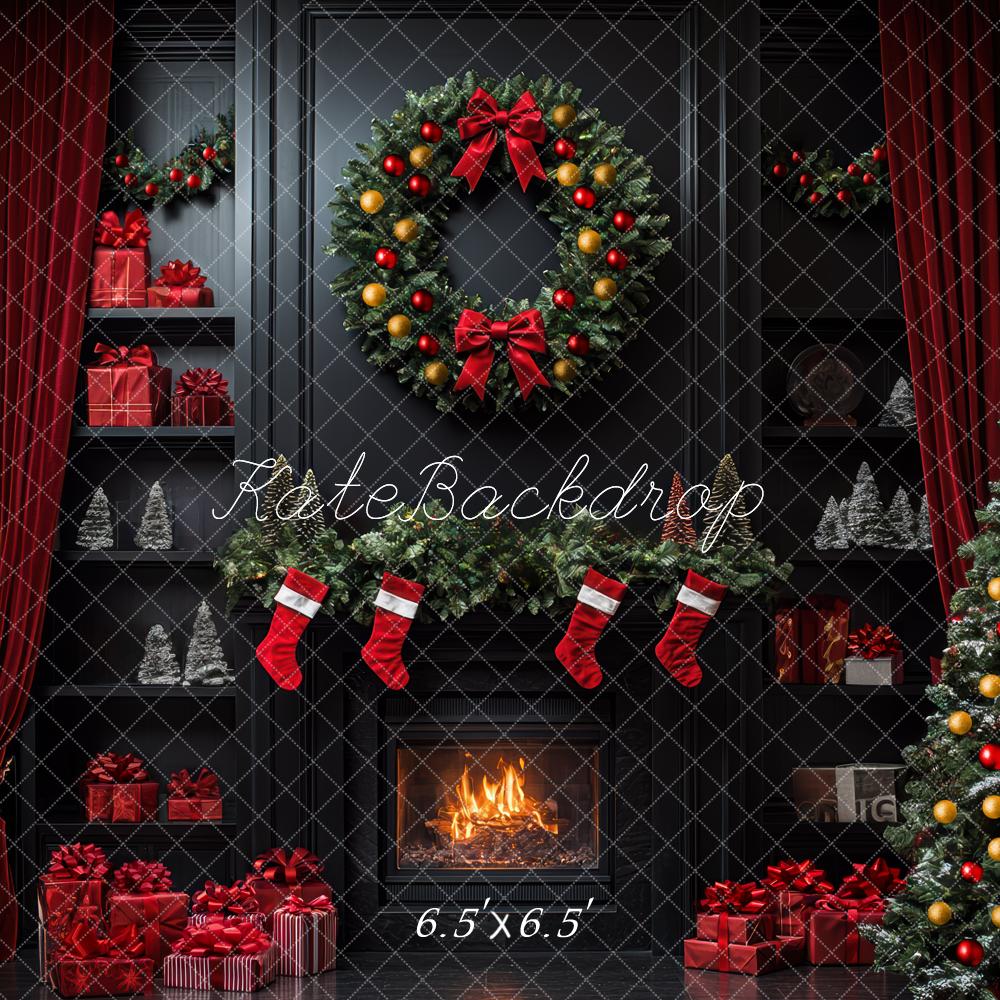 Kate Christmas Black Fireplace Wreath Backdrop Designed by Mini MakeBelieve - Image 2