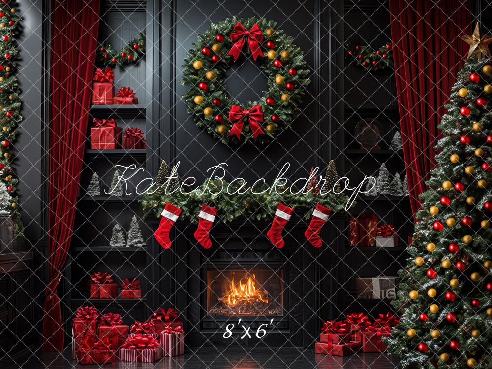 Kate Christmas Black Fireplace Wreath Backdrop Designed by Mini MakeBelieve - Image 3