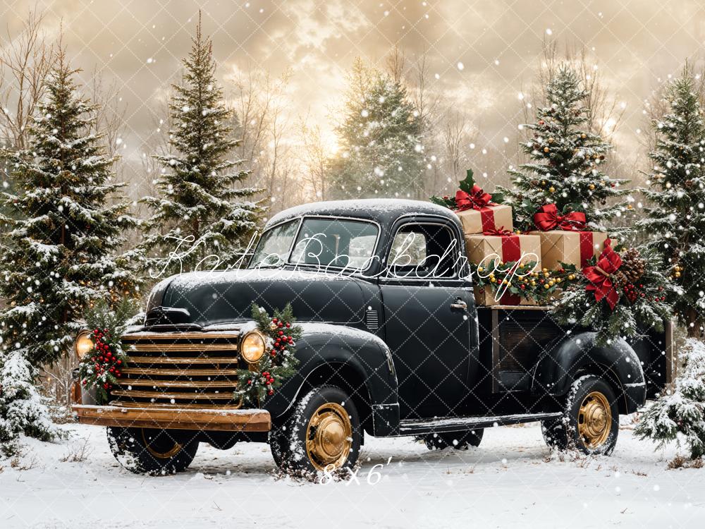 Kate Christmas Black Truck Snowy Forest Backdrop Designed by Emetselch - Image 3