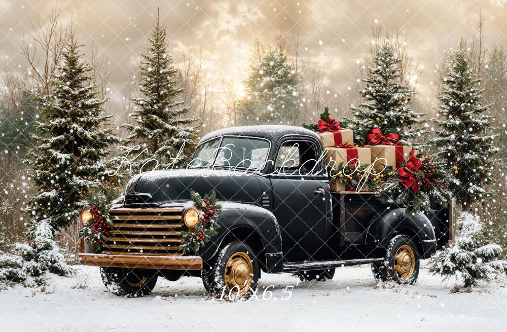 Kate Christmas Black Truck Snowy Forest Backdrop Designed by Emetselch - Image 4