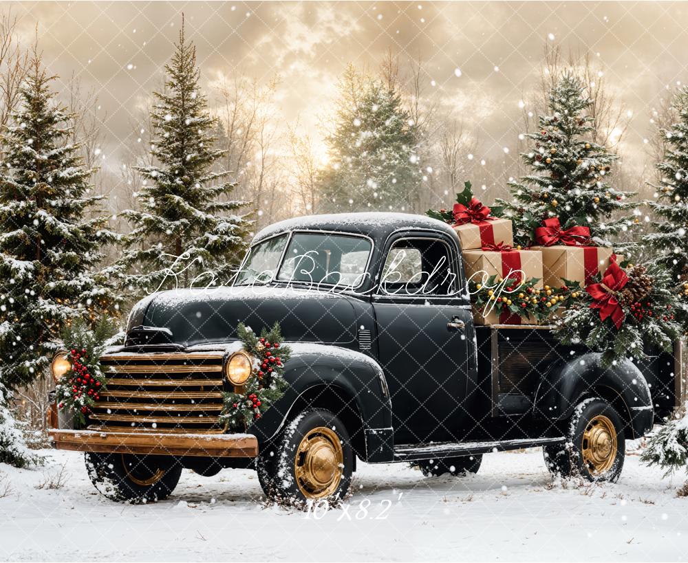 Kate Christmas Black Truck Snowy Forest Backdrop Designed by Emetselch - Image 5