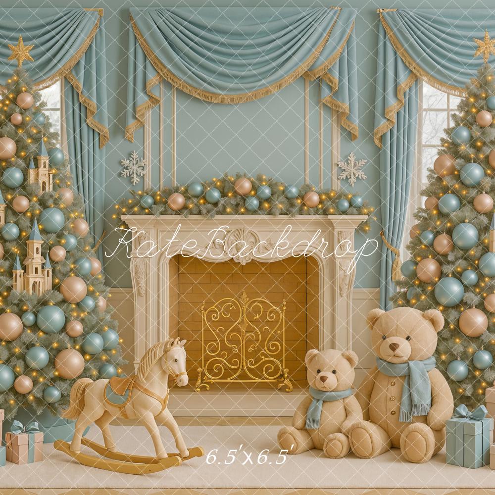 Kate Blue Gold Christmas Trees Fireplace Toys Backdrop Designed by Ashley Paul - Image 2