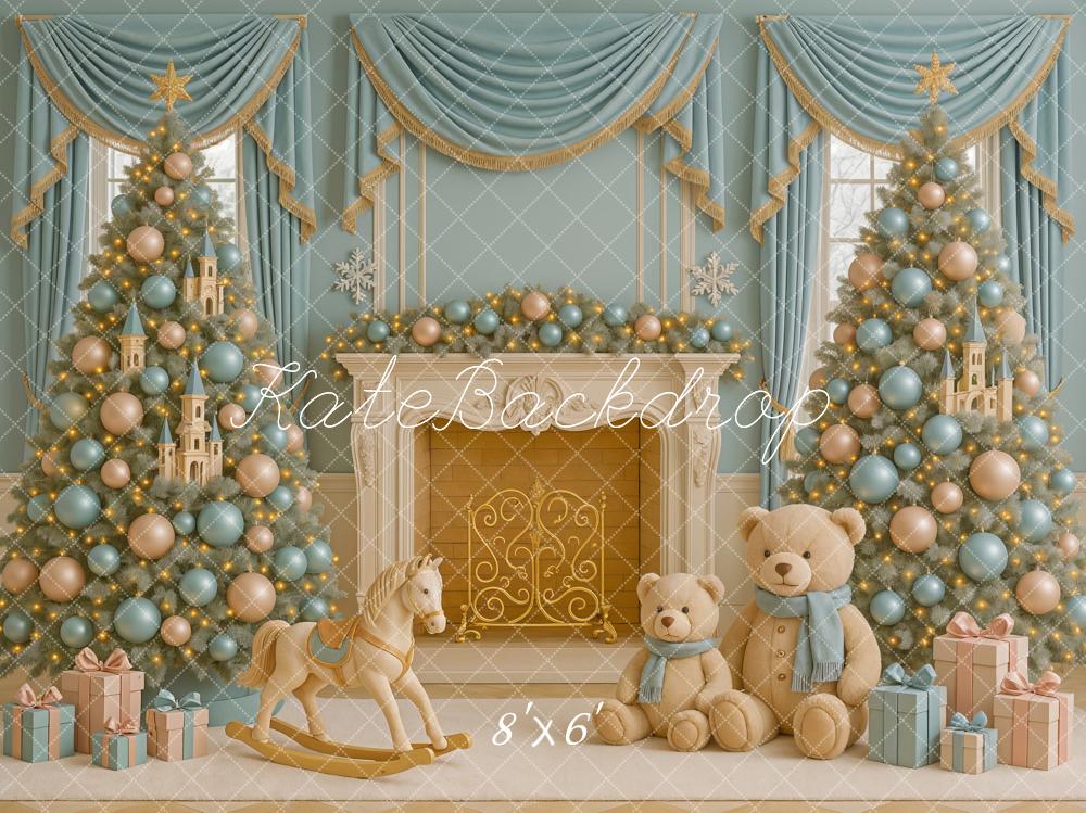Kate Blue Gold Christmas Trees Fireplace Toys Backdrop Designed by Ashley Paul - Image 3