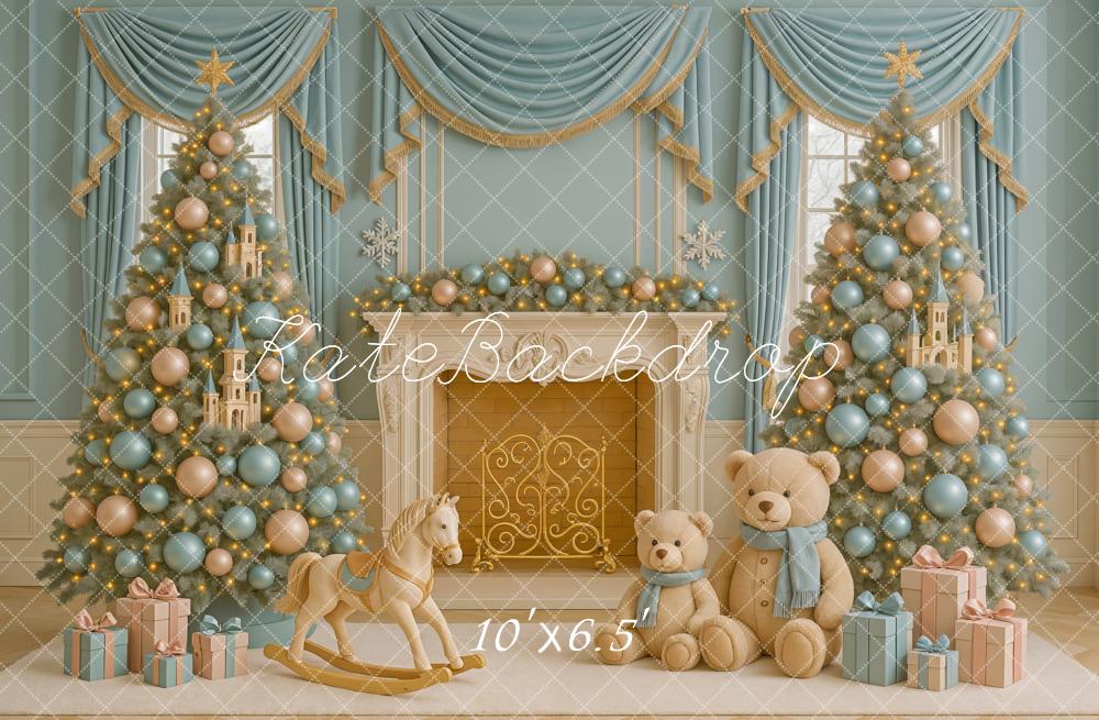Kate Blue Gold Christmas Trees Fireplace Toys Backdrop Designed by Ashley Paul - Image 4