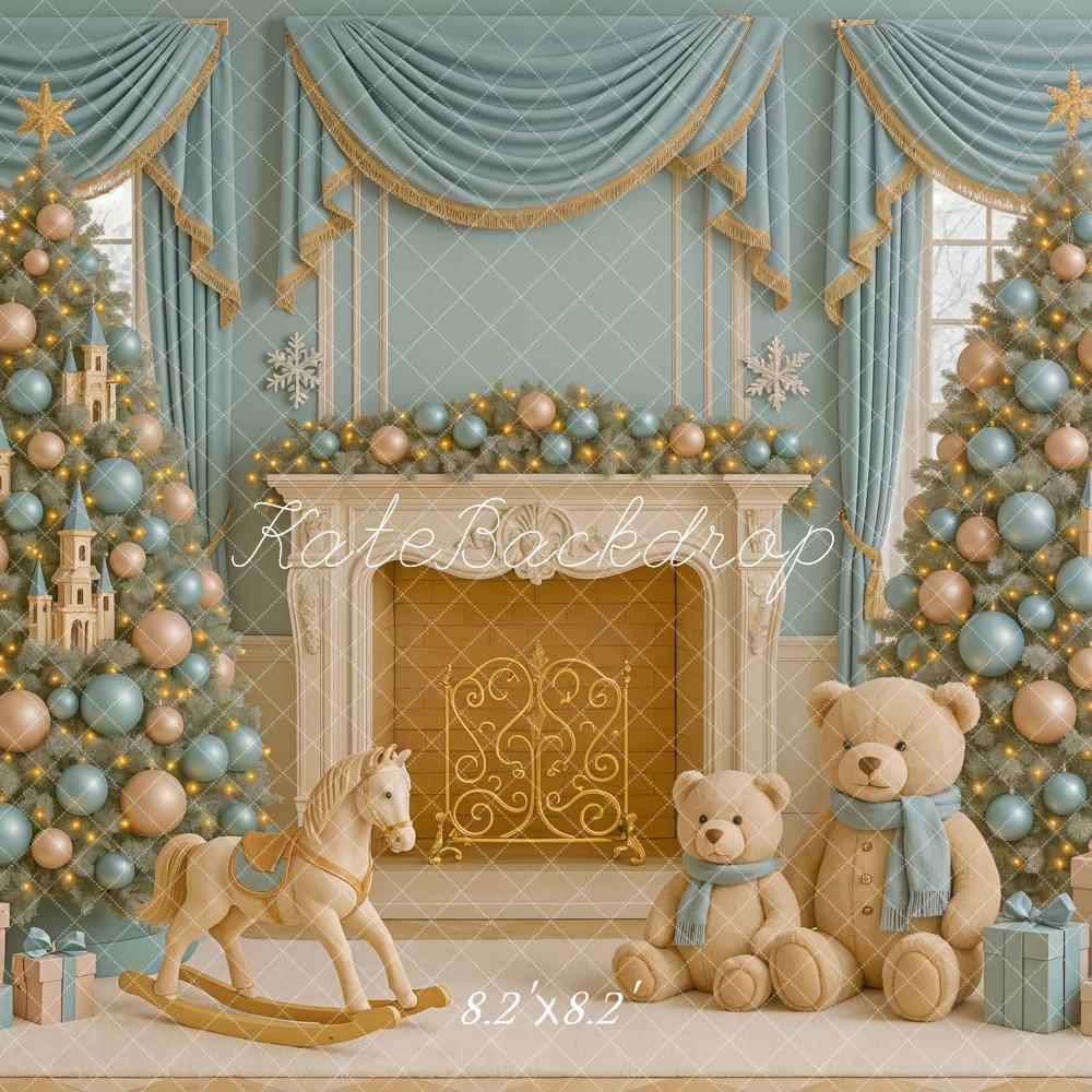 Kate Blue Gold Christmas Trees Fireplace Toys Backdrop Designed by Ashley Paul - Image 5