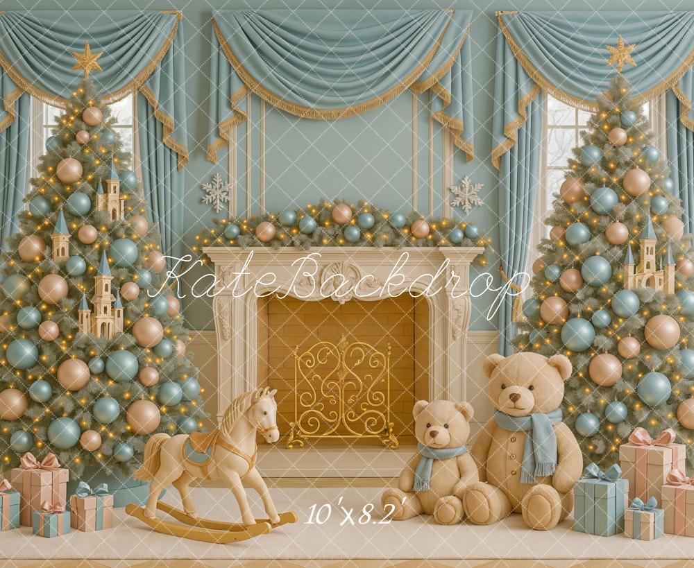 Kate Blue Gold Christmas Trees Fireplace Toys Backdrop Designed by Ashley Paul - Image 6
