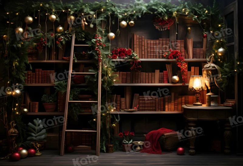 Kate Christmas Bookshelf Wooden Ladder Backdrop for Photography