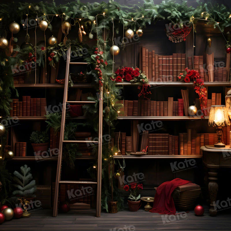 Kate Christmas Bookshelf Wooden Ladder Backdrop for Photography - Image 2