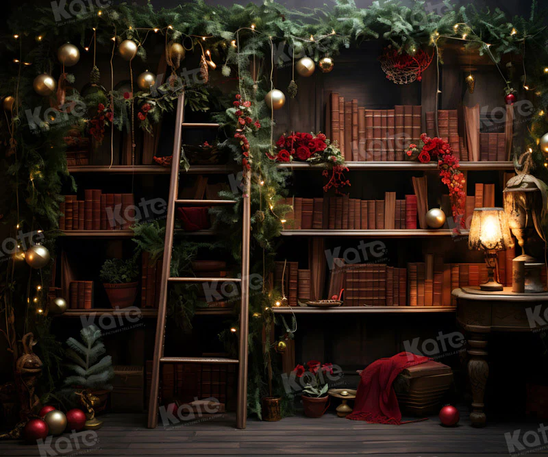 Kate Christmas Bookshelf Wooden Ladder Backdrop for Photography - Image 3