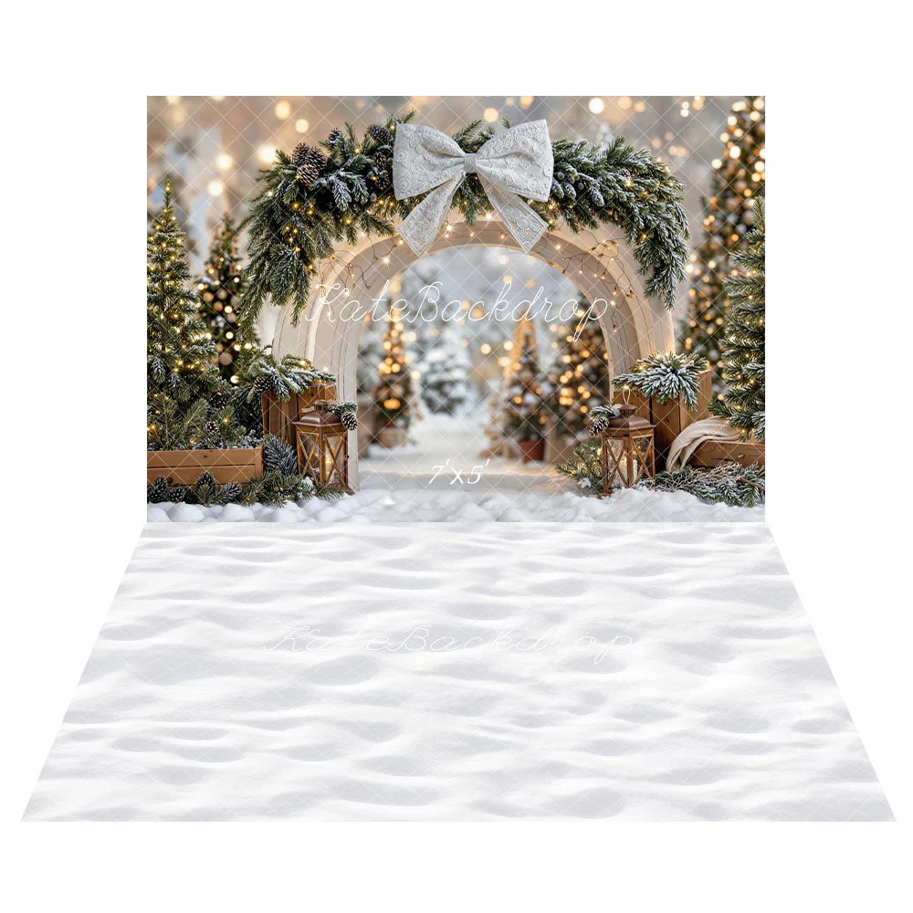 Kate Christmas Bow Arch Trees Backdrop+Winter Snow Floor Backdrop