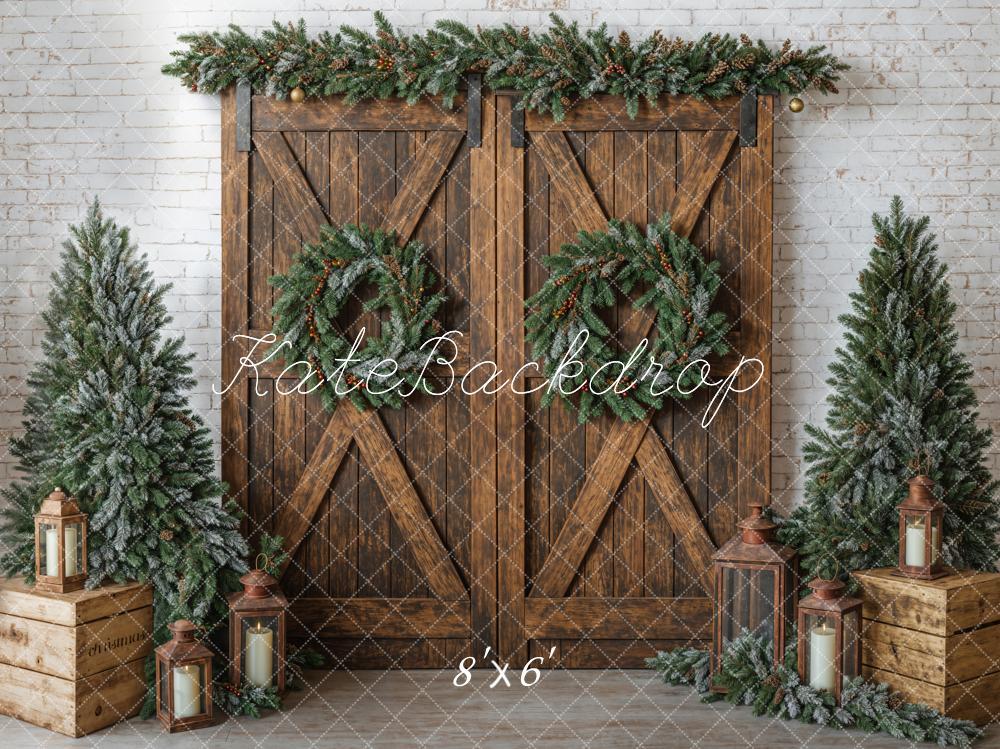 Kate Christmas Brown Barn Door Wreath Backdrop Designed by Emetselch - Image 3