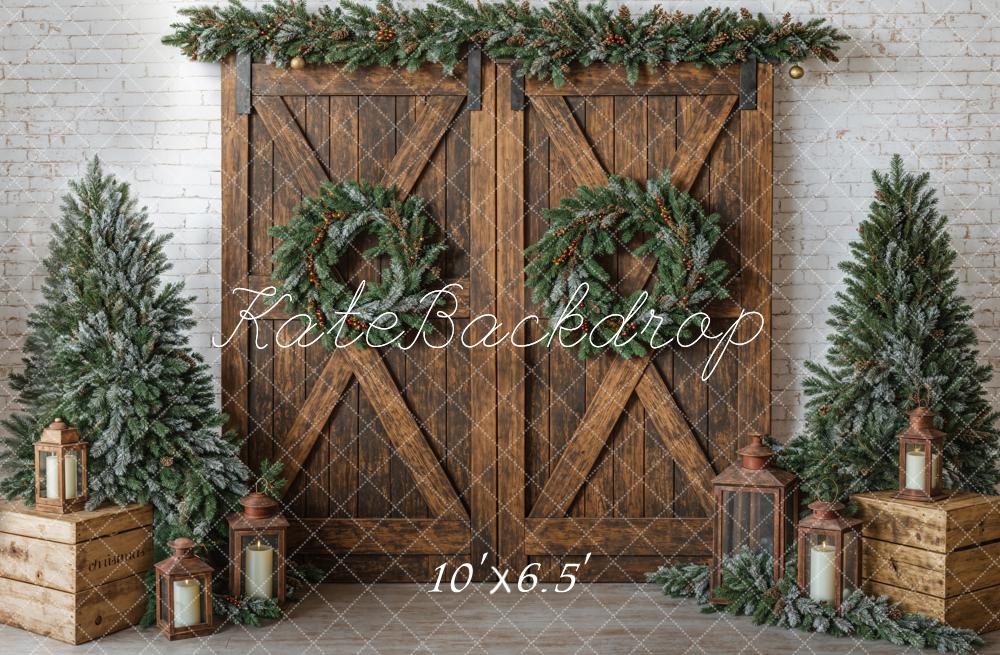 Kate Christmas Brown Barn Door Wreath Backdrop Designed by Emetselch - Image 4